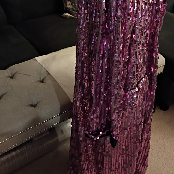 FREE PEOPLE PURPLE LILAC PINK SEQUIN w/BLACK SATIN TRIM DUSTER/COAT SZ L  NWT - Picture 7 of 10